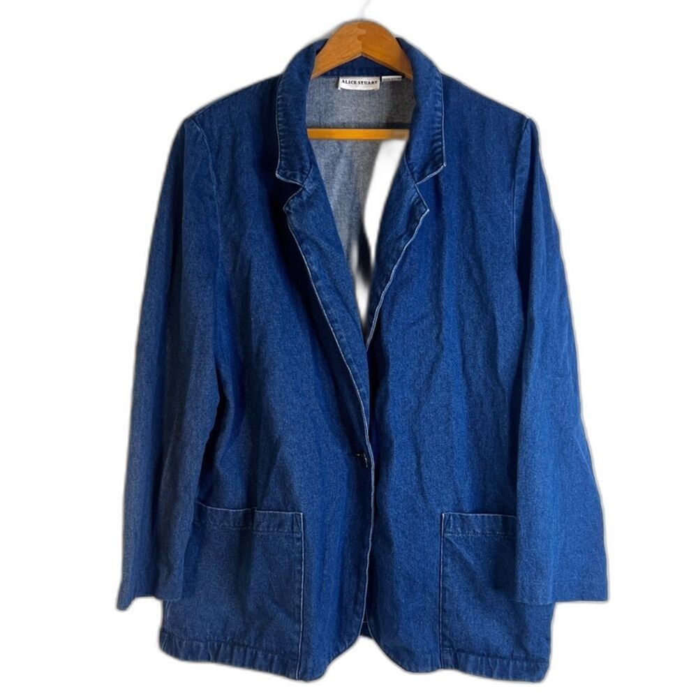 Alice Stuart Denim Blue Jean Jacket Chore Utility Vintage 100% Cotton Size Large